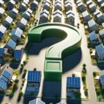 mehrere Häuser mit Solarpaneelen und ein grünes Fragezeichen