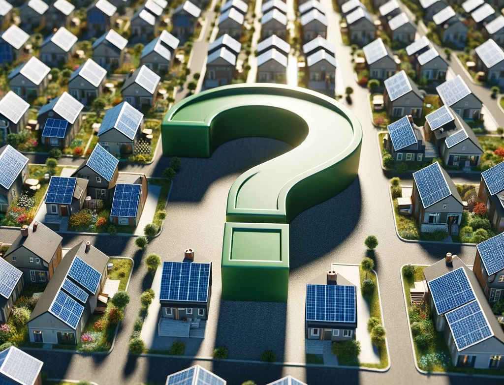 mehrere Häuser mit Solarpaneelen und ein grünes Fragezeichen